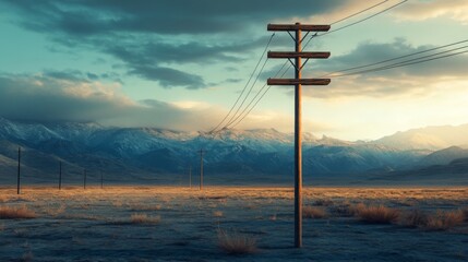 Poster - An isolated utility pole in a barren landscape, emphasizing its role in providing power amidst a vast, open environment with dramatic lighting