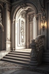 A beautifully designed room featuring a staircase and intricate architectural details.