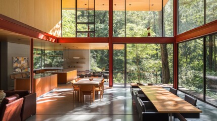 Poster - An open-concept minimalist floor plan showcasing the seamless flow between the living, dining, and kitchen areas, highlighted by natural materials and light