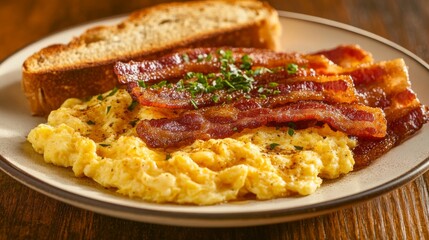 Poster - A beautifully arranged breakfast plate featuring perfectly cooked bacon, fluffy scrambled eggs, and toasted bread, garnished with fresh herbs for a colorful presentation