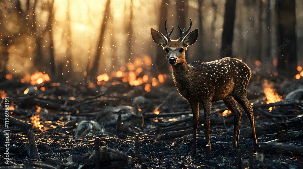 Wild deer amidst a devastating forest fire nature's resilience wildlife ...