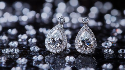 Poster - A beautiful close-up of a pair of diamond drop earrings, captured in natural light to showcase their sparkle and the craftsmanship of their design