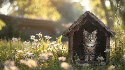 Poster - A charming cat house designed like a small cabin, complete with a porch and flowers, set against a backdrop of tall grass and trees