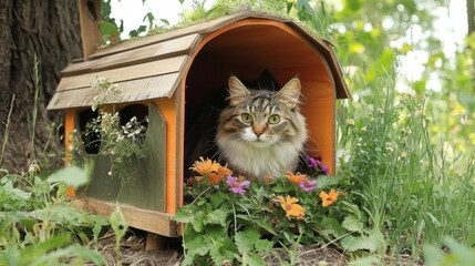 Poster - A charming cat house designed like a small cabin, complete with a porch and flowers, set against a backdrop of tall grass and trees