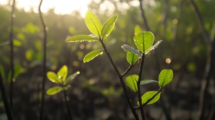 Fototapete - A close-up of mangrove leaves with water droplets, capturing the details of their texture and color against the backdrop of the forest