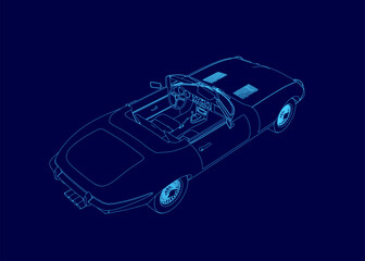 Poster - Blue car outline with interior. The car is a convertible. Isometric view