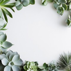 Poster - Green succulent plants frame on a white background creating copy space for text or creative designs. Generative AI