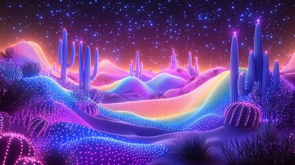 Wall Mural - a whimsical desert with glowing rainbow-colored dunes and sparkling cacti
