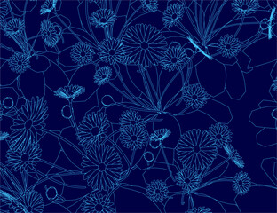 Poster - Blue floral pattern with a blue background. The flowers are in various sizes and are scattered throughout the image