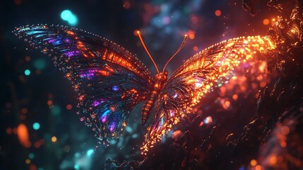 Aufkleber - A glowing fractal butterfly with vibrant, pulsating wings