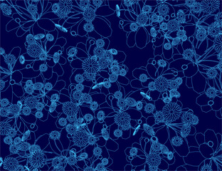 Poster - Blue background with a lot of flowers and butterflies. The flowers are in different sizes and shapes, and the butterflies are scattered throughout the image