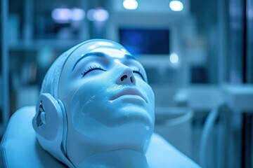 Poster - Close up of a humanoid robot undergoes facial treatment in a futuristic lab environment