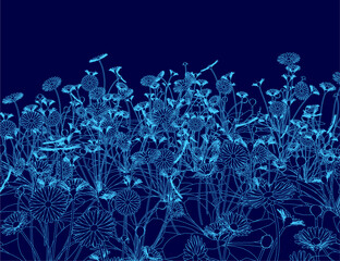 Poster - Blue image of a field of flowers. The flowers are in various sizes and are scattered throughout the image. Scene is serene and peaceful, as the flowers are depicted in a natural setting