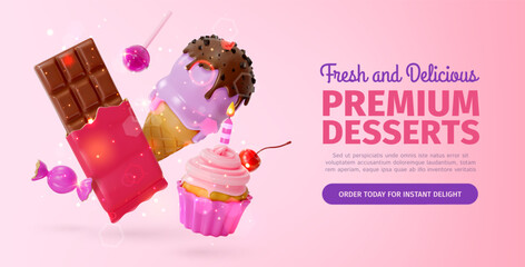 Poster - 3d Fresh and Delicious Premium Desserts Concept Ads Banner Poster Card. Vector illustration of Candy, Cupcake, Ice Cream and Chocolate.