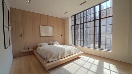 Poster - A minimalist bedroom with a sleek platform bed, neutral color palette, and large windows allowing natural light to flood the space, emphasizing simplicity and calm