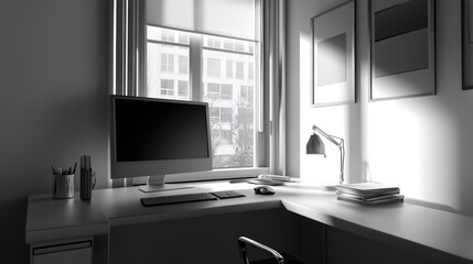 Poster - A minimalist desk setup with a monochromatic theme, showcasing a sleek computer, minimalist accessories, and a clear view of a window with natural light