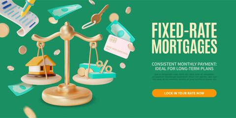 Poster - 3d Fixed Rate Mortgage Concept Ads Banner Poster Card. Vector illustration of Scale with Money and Home