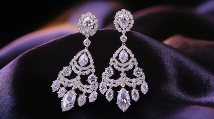Poster - A pair of elegant chandelier diamond earrings showcased on a dark velvet cloth, with soft lighting creating dramatic shadows that enhance their beauty