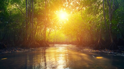 Leinwandbilder - A picturesque mangrove landscape during sunset, with golden rays illuminating the trees and water, creating a tranquil and magical atmosphere