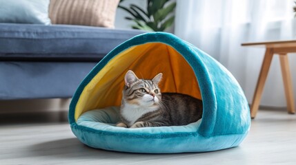 Poster - A plush, colorful cat bed shaped like a cave, placed in a cozy corner of a living room, inviting cats to snuggle and relax