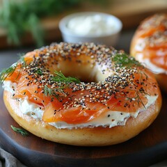 Freshly baked bagel topped with smoked salmon and cream cheese, perfect for breakfast or snack