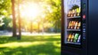 © chusnul - A vending machine stocked with beverages in a sunlit park setting.