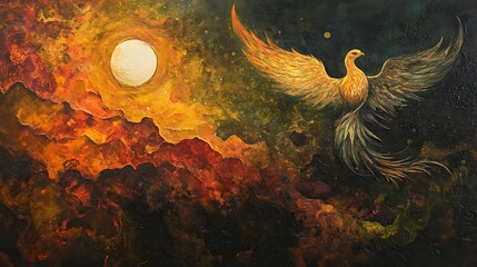 Aufkleber - A glowing phoenix rising from a fiery abstract landscape