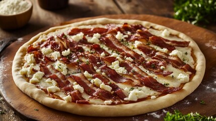 Poster - A striking image of bacon being draped over a pizza before baking, showcasing the savory addition that elevates this classic dish