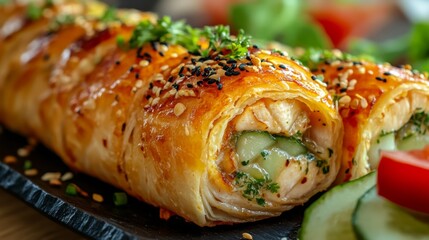 Poster - A stunning image of a salmon en crote, wrapped in flaky pastry with herbs and spices, presented elegantly on a platter, showcasing culinary creativity