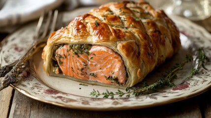 Poster - A stunning image of a salmon en crote, wrapped in flaky pastry with herbs and spices, presented elegantly on a platter, showcasing culinary creativity