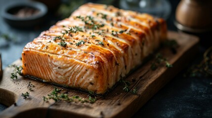 Poster - A stunning image of a salmon en crote, wrapped in flaky pastry with herbs and spices, presented elegantly on a platter, showcasing culinary creativity