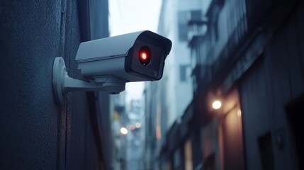 Poster - A stunning shot of a high-tech CCTV camera with infrared capabilities, set against a backdrop of a darkened alley, highlighting its advanced features for surveillance