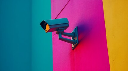 Poster - A vibrant image of a CCTV camera mounted on a storefront, monitoring the entrance and surrounding area, conveying a sense of safety for customers