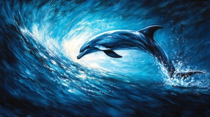 Poster - Close-up of a dolphins fin breaking through the waters surface, creating ripples against a deep blue sea backdrop