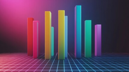 Aufkleber - Colorful D bars rising from a digital grid floor, with subtle lighting and a gradient background to create a dynamic visual