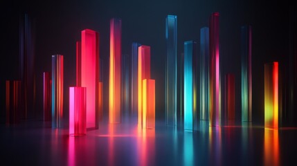 Poster - colorful d bar graph with tall, transparent bars on a reflective surface, casting shadows and illumi