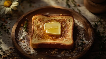 Poster - Crispy golden toast topped with melted butter, placed on a rustic wooden plate, with crumbs and herbs scattered around for a cozy breakfast vibe