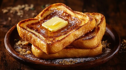 Poster - Crispy golden toast topped with melted butter, placed on a rustic wooden plate, with crumbs and herbs scattered around for a cozy breakfast vibe