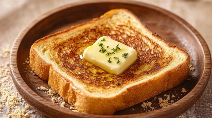 Poster - Crispy golden toast topped with melted butter, placed on a rustic wooden plate, with crumbs and herbs scattered around for a cozy breakfast vibe
