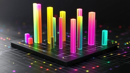 Poster - Dark-themed D bar chart with neon-colored bars and a digital grid base, capturing a futuristic data visualization aesthetic