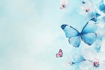 Poster - Bright blue butterflies among delicate blossoms create a serene and inviting atmosphere for text display. Generative AI