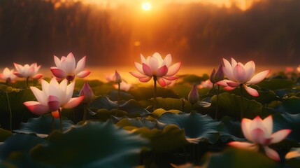 Poster - Golden sunset casting a warm glow over a lotus pond, illuminating the pink and white lotus blooms with calm reflections in the water