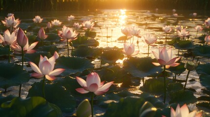 Poster - Golden sunset casting a warm glow over a lotus pond, illuminating the pink and white lotus blooms with calm reflections in the water