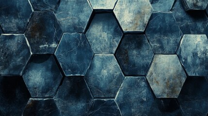 Aufkleber - Hexagonal geometric patterns in cool blue tones, layered with shadows and textures for a modern, tech-inspired graphic background