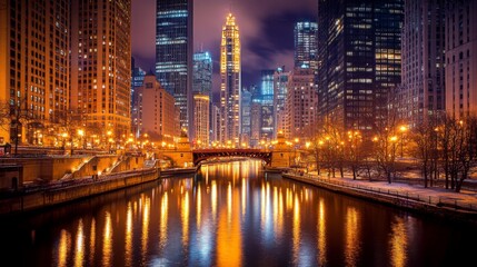 Poster - High-rise buildings illuminated at night with lights reflected on a nearby river, creating a calm, urban nightscape