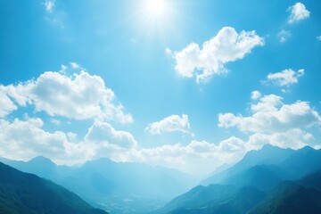 Leinwandbilder - Serene blue sky with fluffy clouds over majestic mountain range in bright daylight inviting endless possibilities for text. Generative AI