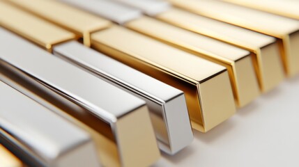 Poster - Metallic D bar graph with gold, silver, and bronze bars, arranged in a staggered pattern for a premium, high-tech appearance