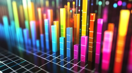 Fototapete - Multi-colored D bar graph on a glossy surface, with each bar casting distinct shadows, giving a sharp, vibrant appearance