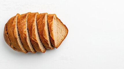 Wall Mural - a photostock of a neatly sliced loaf of crusty bread, placed symmetrically on a clean white backgrou