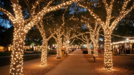 Poster - Strings of fairy lights gently wrapped around tree branches in a garden, creating a magical outdoor atmosphere